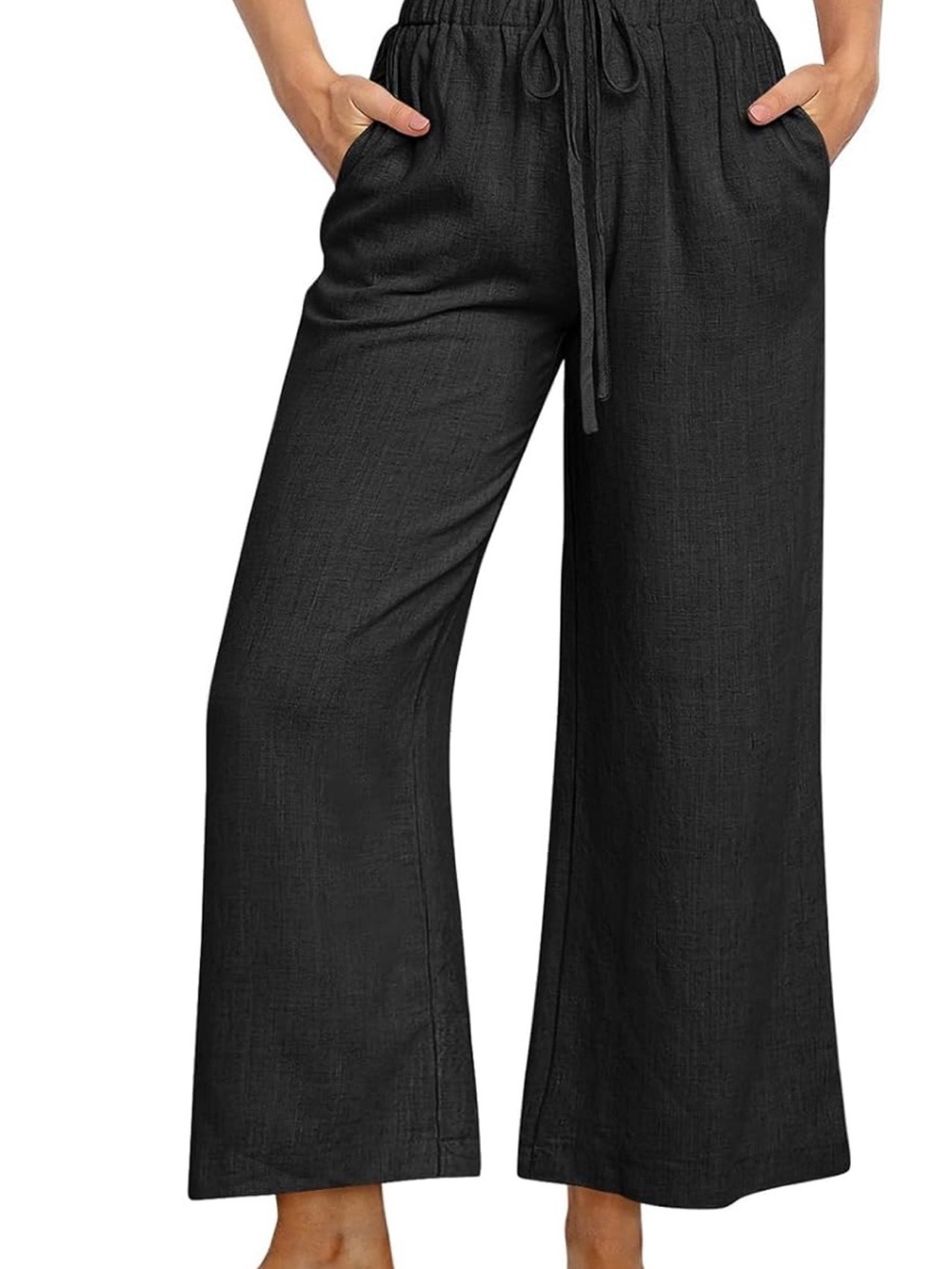 Wide Leg Drawstring Linen-Blend Pants - Black